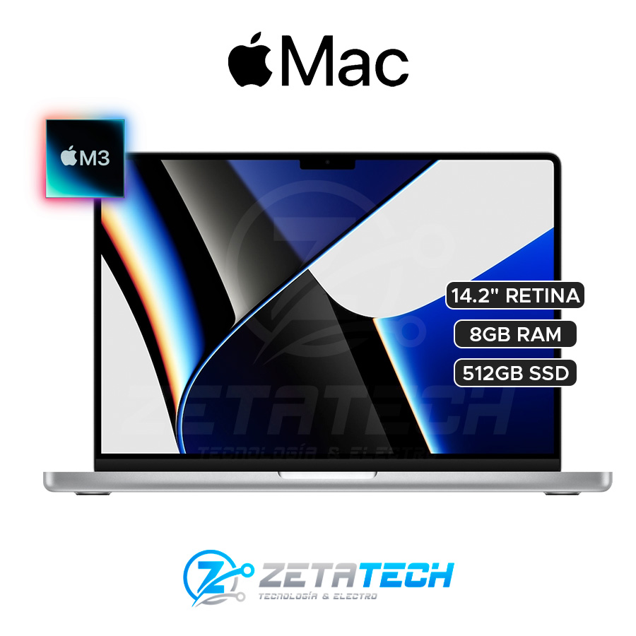 MACBOOK PRO 14 A2918 / M3 DE APPLE / GPU DE 10 NÚCLEOS / NEURAL ENGINE DE 16 NÚCLEOS / 100 GB DE ANCHO DE BANDA DE MEMORIA / 8GB - DDR4 / 512GB SSD / 14.2" Liquid Retina XDR (3024 x 1964)