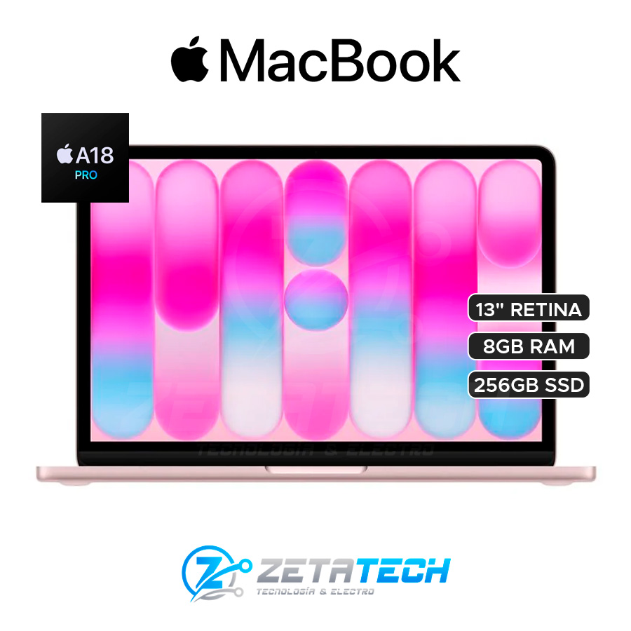 MACBOOK NEO 13 A3404 / A18 PRO / CPU DE 6 NUCLEOS / GPU DE 5 NUCLEOS / NEURAL ENGINE DE 16 NUCLEOS / 8GB - DDR5 / 256GB SSD / 13" 2K (2408 x 1506) LED RETINA / ROSA