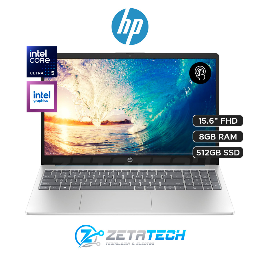 HP-15 FD2351LA / INTEL CORE ULTRA 5-225U (12 NUCLEOS) / 8GB DDR5 / 512GB SSD / INTEL® GRAPHICS / 15.6” FHD (1920 X 1080), TÁCTIL
